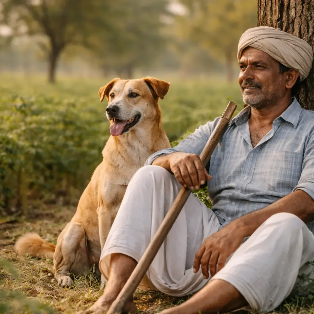 Indian moringa farmer resting in field with dog showing natural farm lifestyle