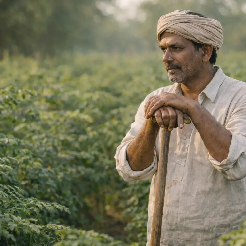 Indian moringa farmer standing in field ensuring quality organic cultivation