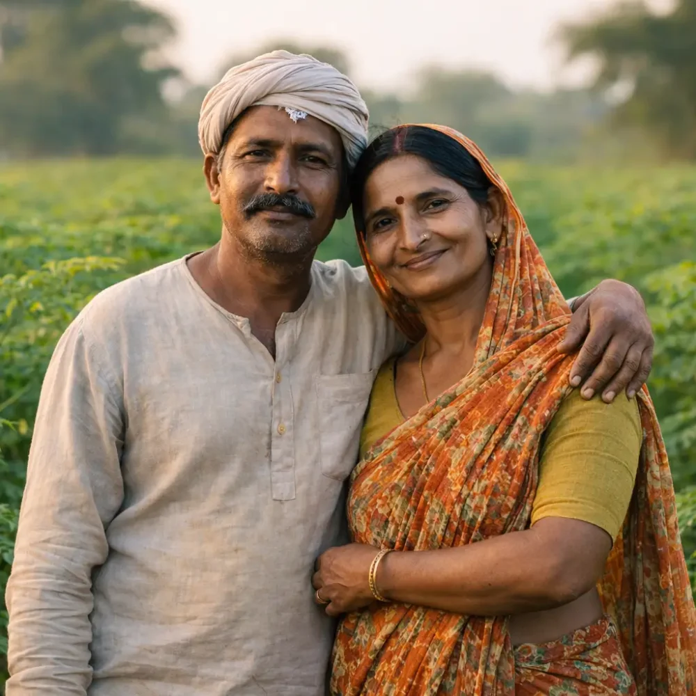Indian farming couple in moringa field representing natural and traditional cultivation