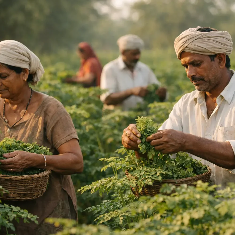 Indian farmers harvesting fresh moringa leaves for Nivlif Organic products