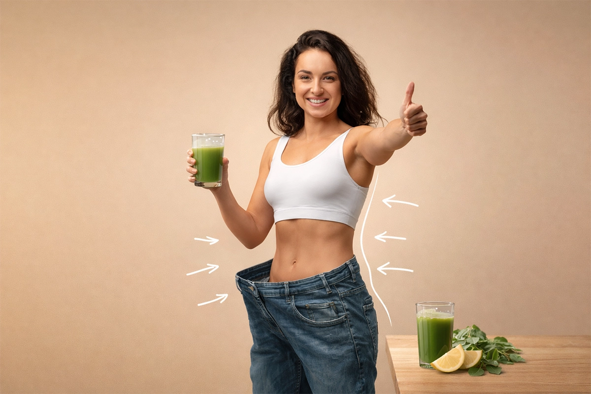 moringa powder for weight loss transformation woman holding green drink