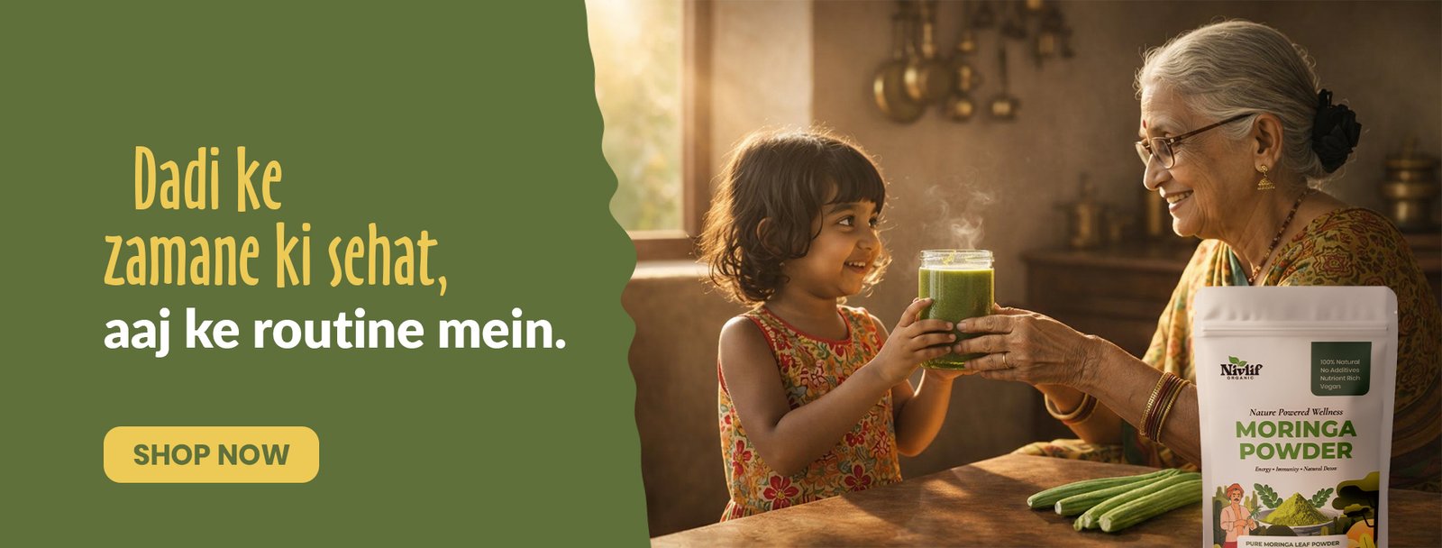 Family using Nivlif organic moringa powder for daily health and nutrition