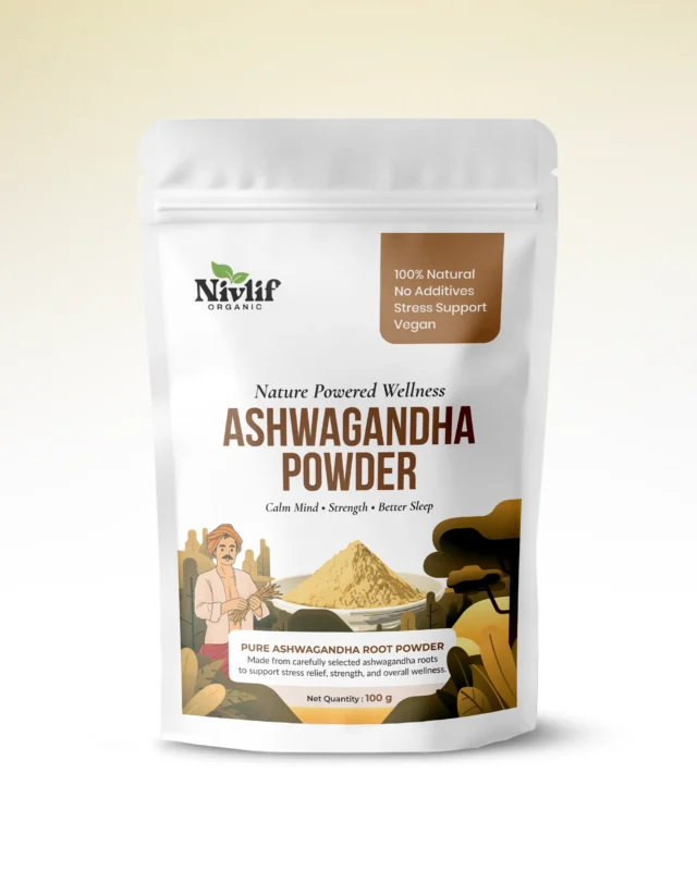 Pure Ashwagandha powder packaging by Nivlif Organic