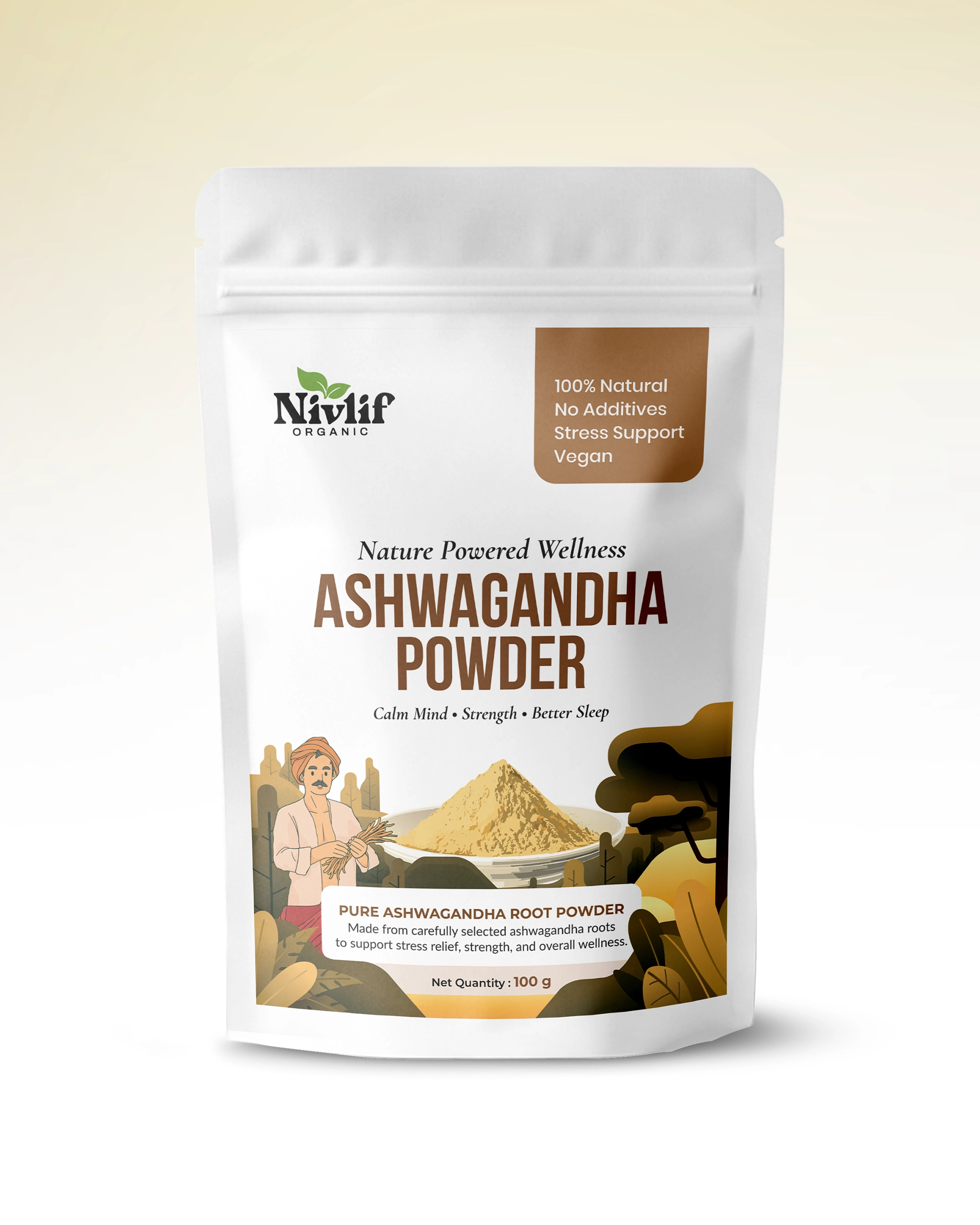 Pure Ashwagandha powder packaging by Nivlif Organic