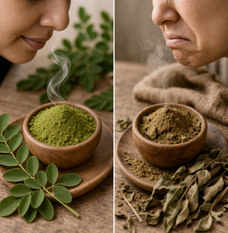 moringa powder smell test fresh vs bad quality comparison