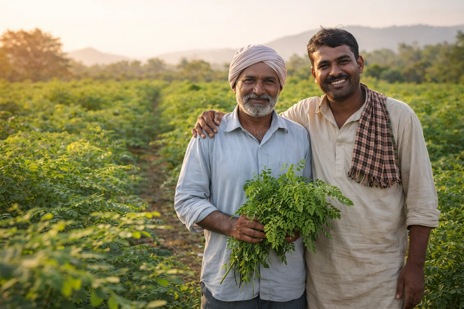 Indian farmers harvesting fresh moringa leaves for Nivlif organic moringa powder