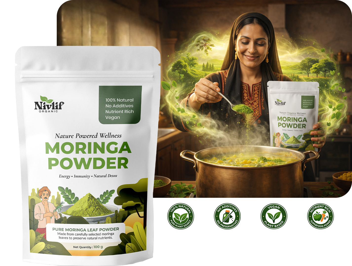 Organic moringa powder by Nivlif for energy, immunity and daily nutrition