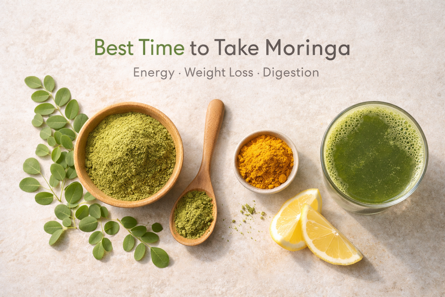 Top view of moringa powder, moringa drink, lemon and turmeric showing best time to take moringa for energy, weight loss and digestion