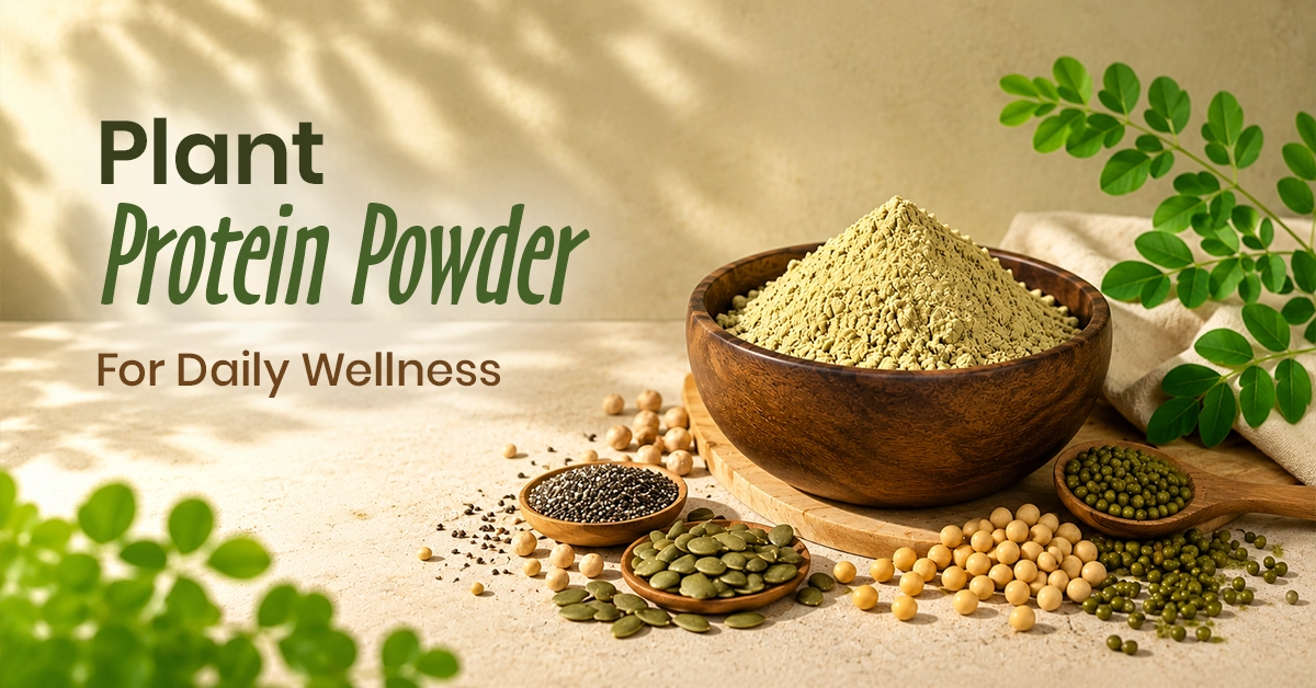 Organic plant protein powder in wooden bowl