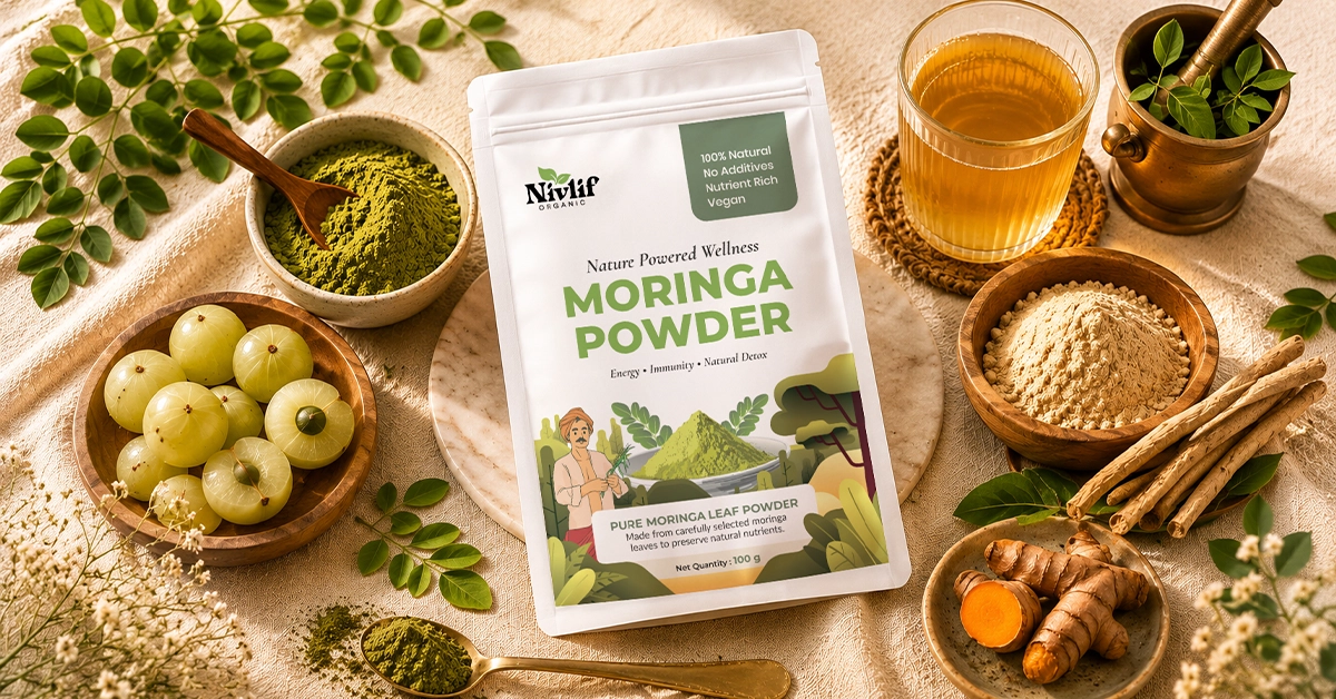 Morning wellness ritual with organic moringa, ashwagandha, amla and turmeric superfoods